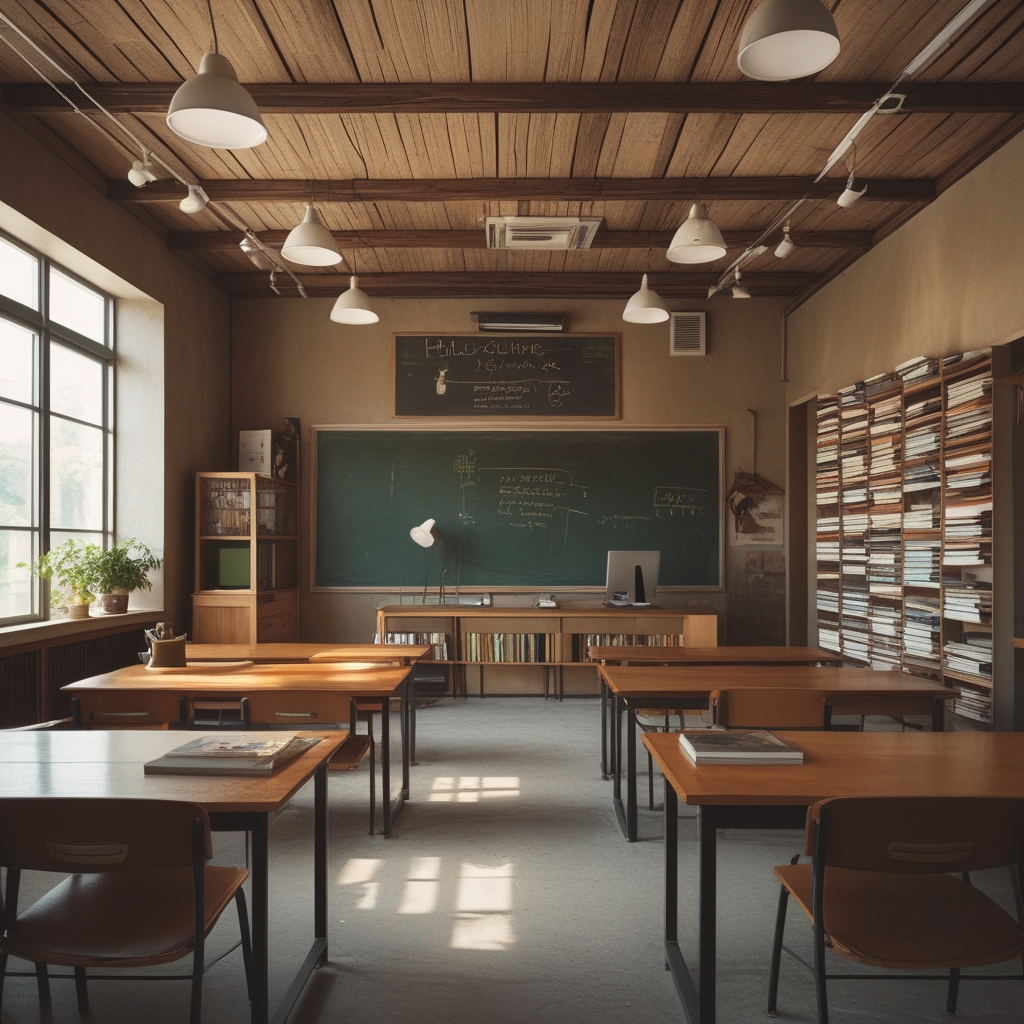 Wnętrze spokojnej, dobrze oświetlonej sali edukacyjnej z drewnianymi regałami pełnymi książek, dużym stołem do pracy i naturalnym światłem wpadającym przez wysokie okna, atmosfera skupienia i wiedzy