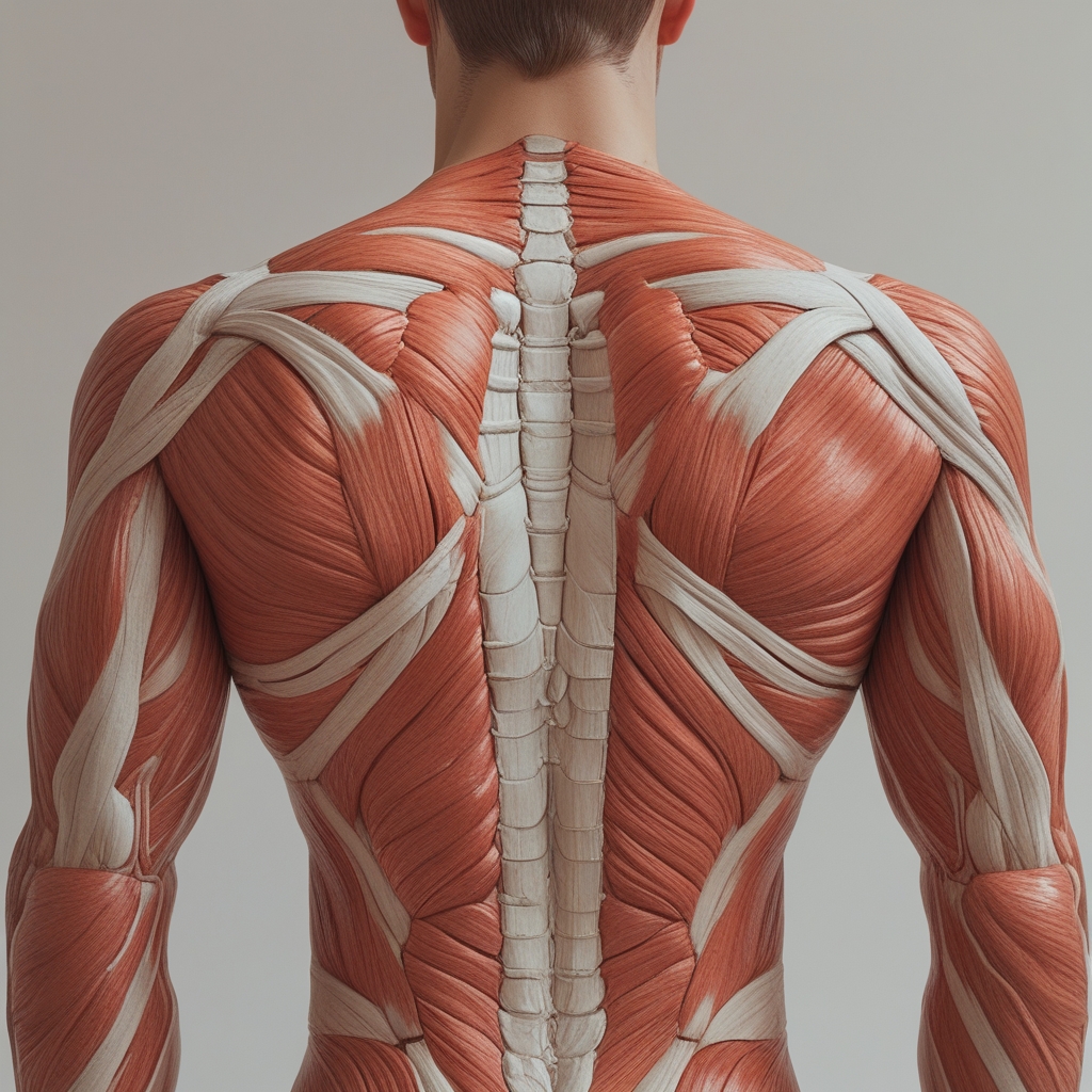 Uproszczona anatomiczna ilustracja tylnej części ludzkiego ciała z zaznaczonymi głównymi mięśniami grzbietowymi i pośladkowymi, minimalistyczna ilustracja edukacyjna