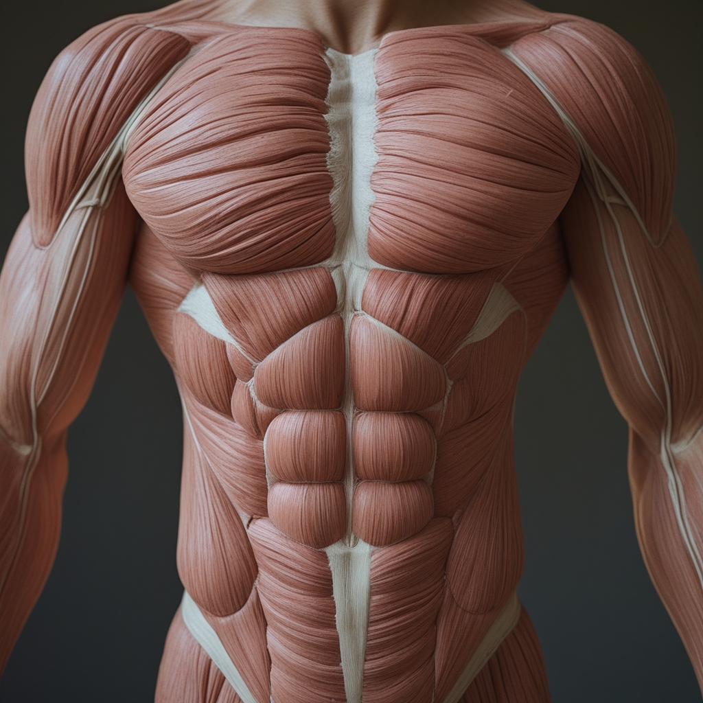 Uproszczona anatomiczna ilustracja przedniej części ludzkiego ciała z zaznaczonymi głównymi grupami mięśniowymi, czyste diagramatyczne przedstawienie na jasnym tle edukacyjnym