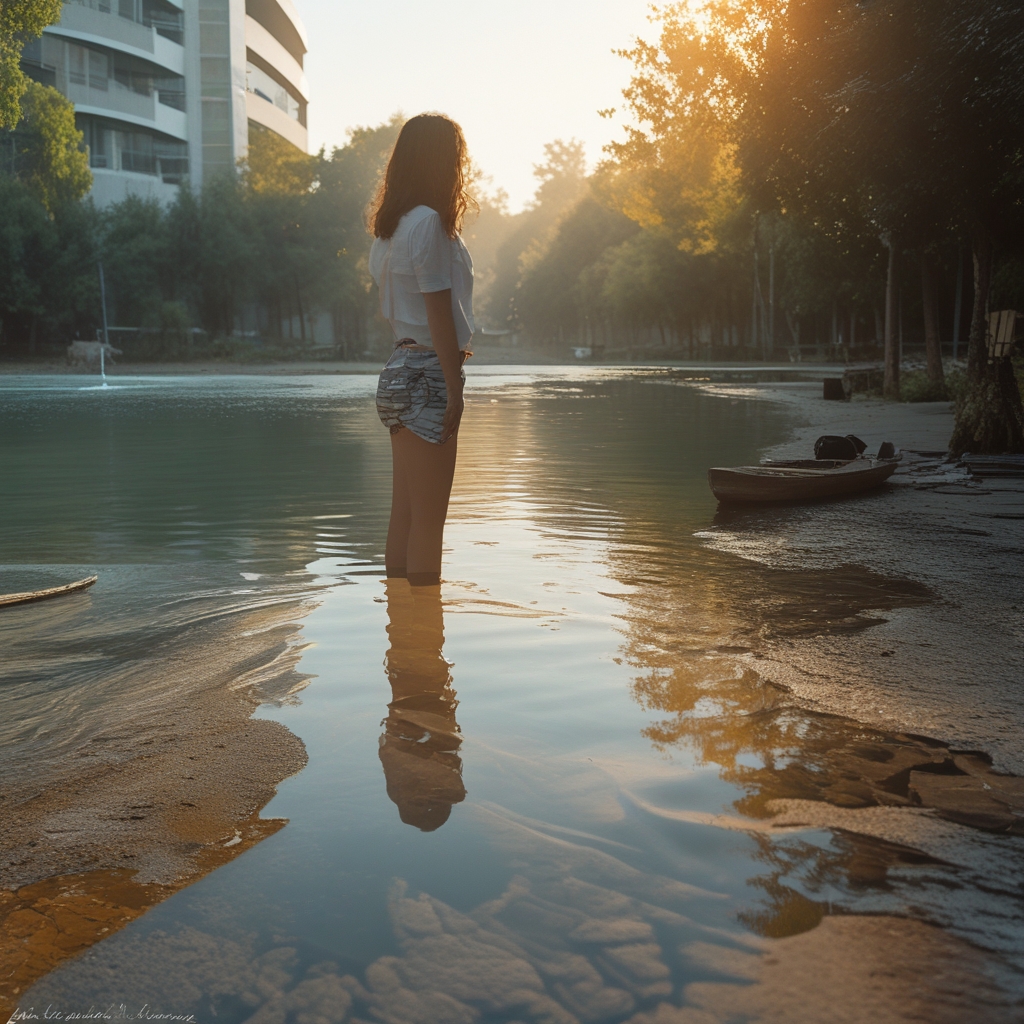 Osoba stojąca na jednej nodze na naturalnym drewnianym pomoście nad spokojną wodą, skupiona poza równowagi, spokojne otoczenie natury
