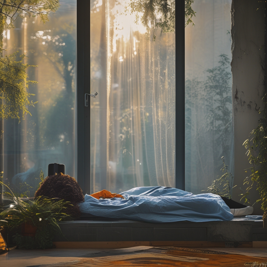 Osoba siedząca w spokojnej pozycji na macie na drewnianej podłodze przy oknie z naturalnym światłem, skupiona, zrelaksowana postawa ciała, cisza i spokój