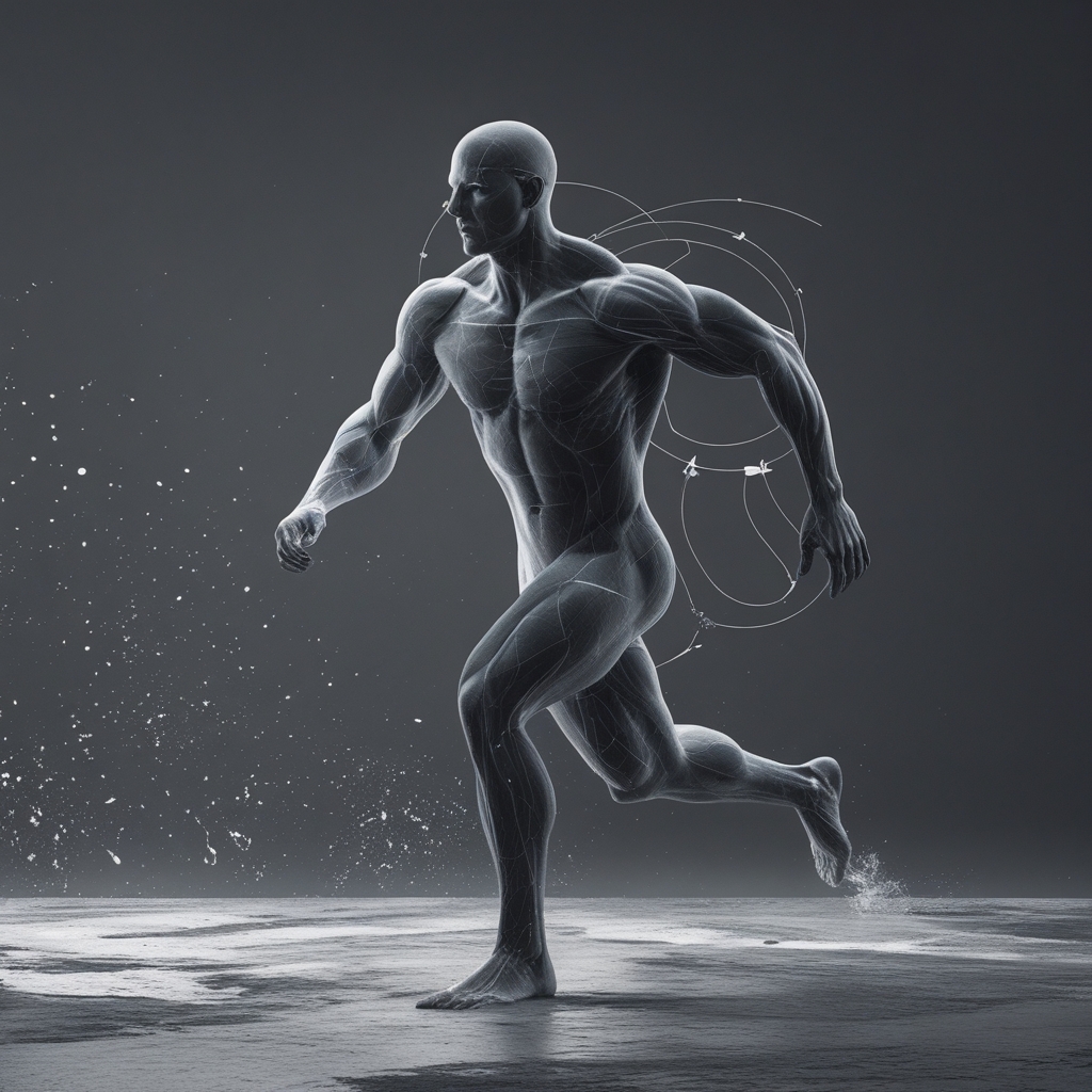 Schematyczny diagram biomechaniczny przedstawiający sylwetkę człowieka w ruchu z zaznaczonymi liniami sił i osi stawowych, minimalistyczna ilustracja na ciemnym tle