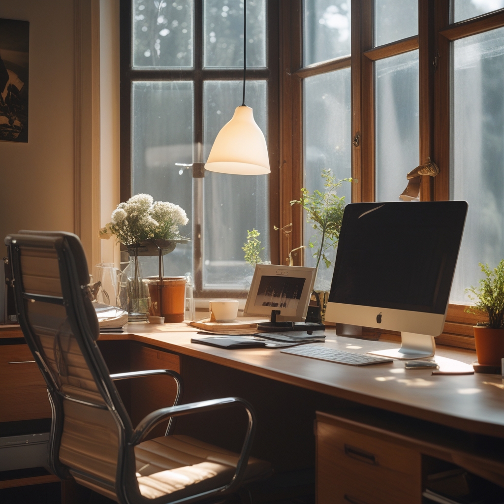 Ergonomicznie zorganizowane miejsce pracy z regulowanym biurkiem, krzesłem biurowym z podparciem pleców i monitorem ustawionym na odpowiedniej wysokości, naturalne oświetlenie z okna